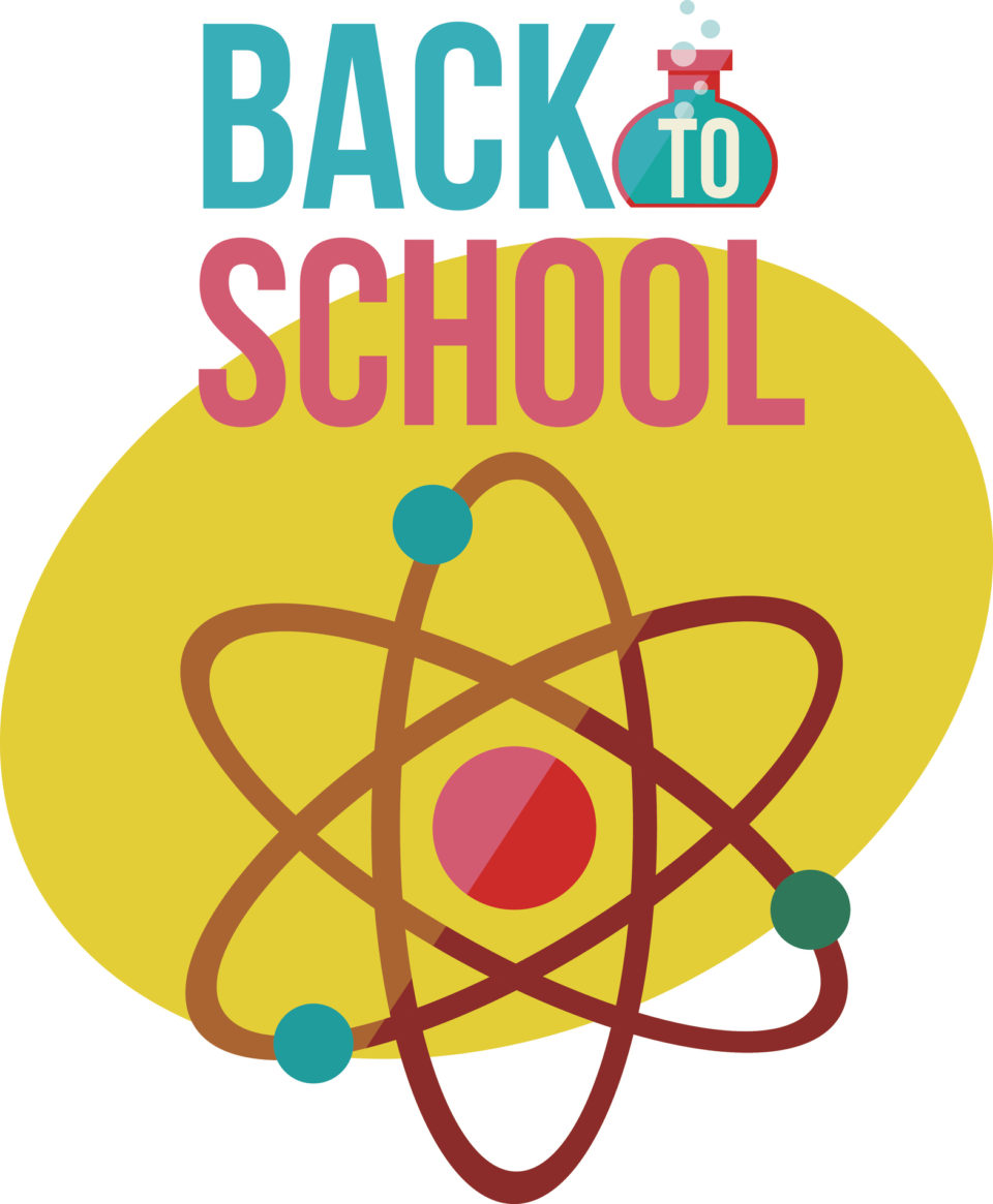 Back to school poster with atomic orbit symbol